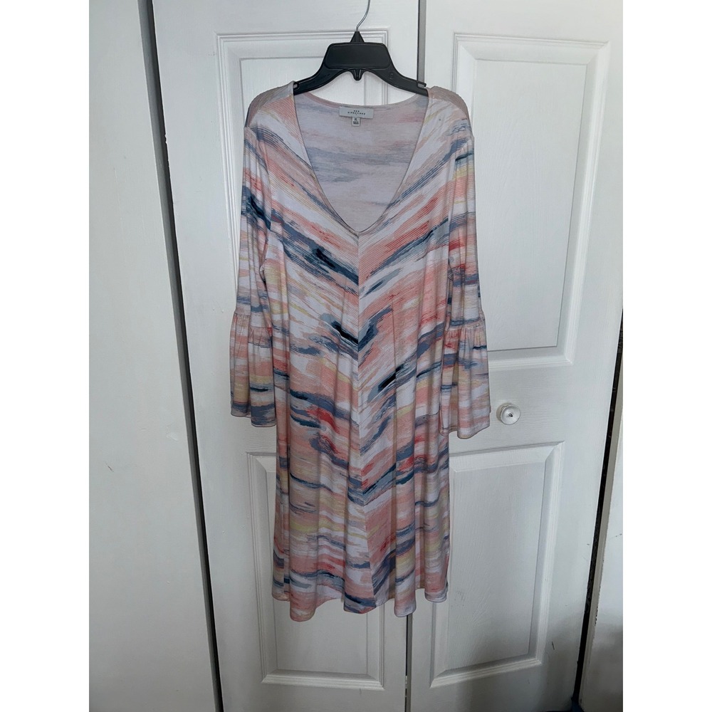 New Directions Womens XL Abstract Print V-Neck Bell Sleeve Knit Shift Dress